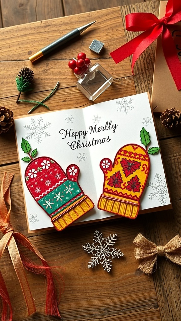 Handmade Christmas Card with Mittens Design Handmade Christmas card with colorful mitten designs and festive decorations on a wooden table.